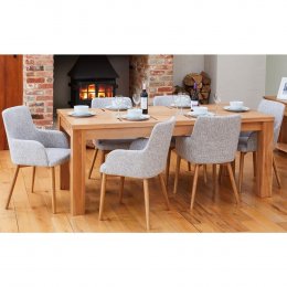 Mobel Solid Oak Large Extending Dining Table and Six Light Grey Chairs